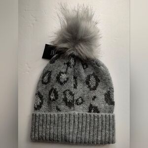 Inc Grey Animal Print Pom Pom Beanie O/S